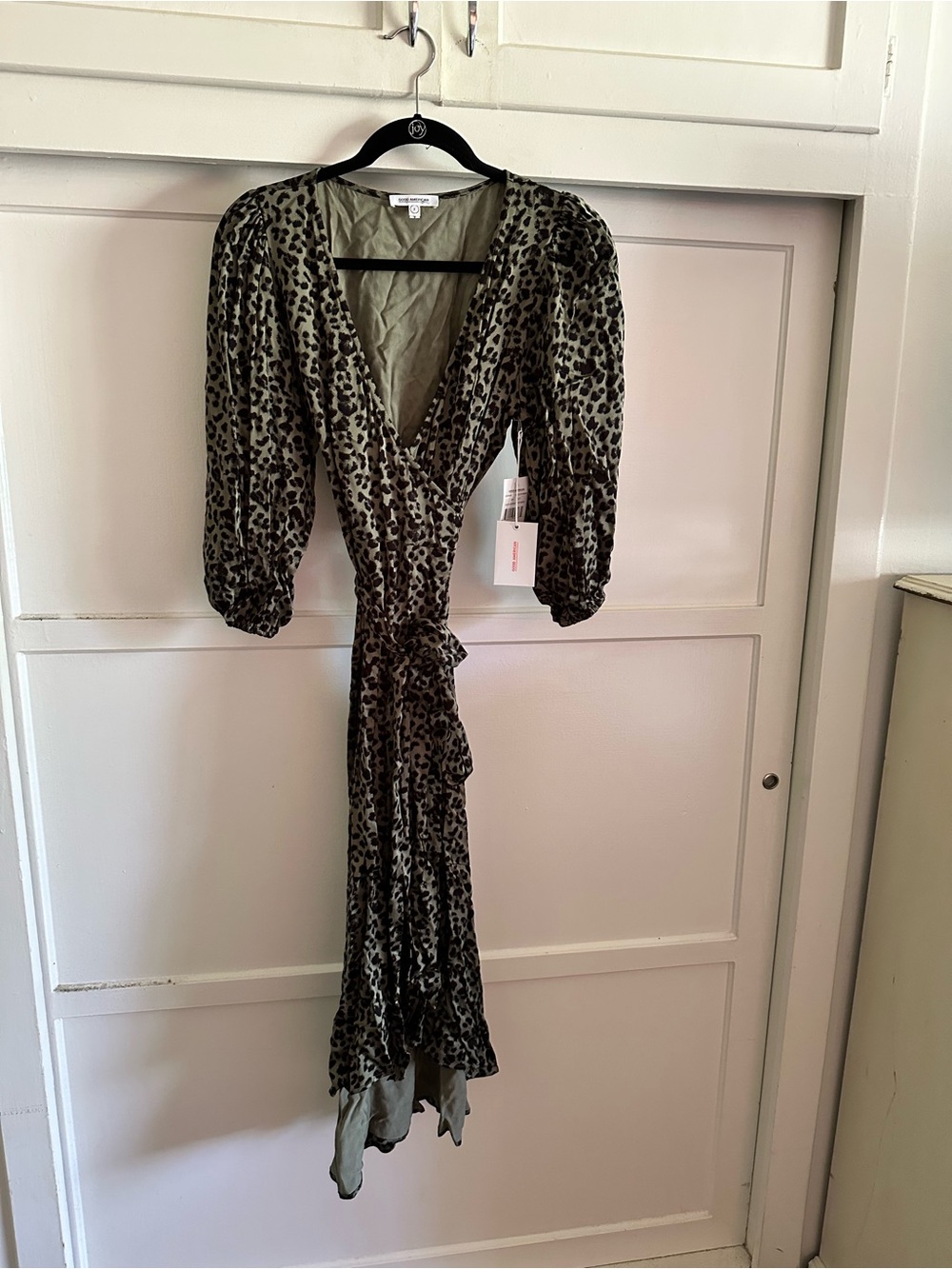 Good American Olive Green Leopard Wrap High-Low Dress